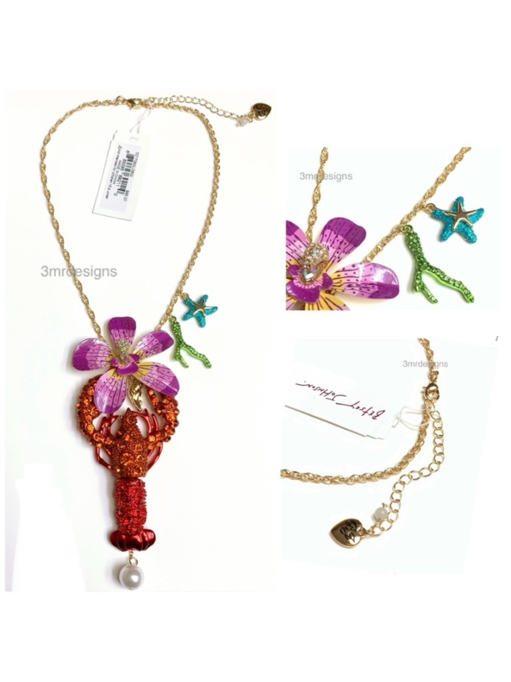 NWT Betsey Johnson💋JEWELS LOBSTER Gold Tone Glass Crystals/Faux Pearl Necklace